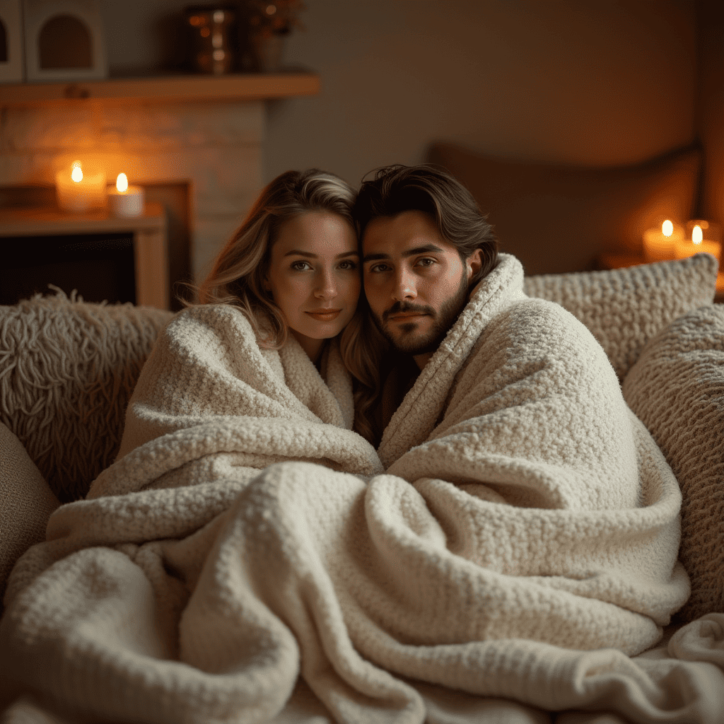 a man and a woman sitting on a sofa, covered with a plaid, in a warm, cozy room with soft light