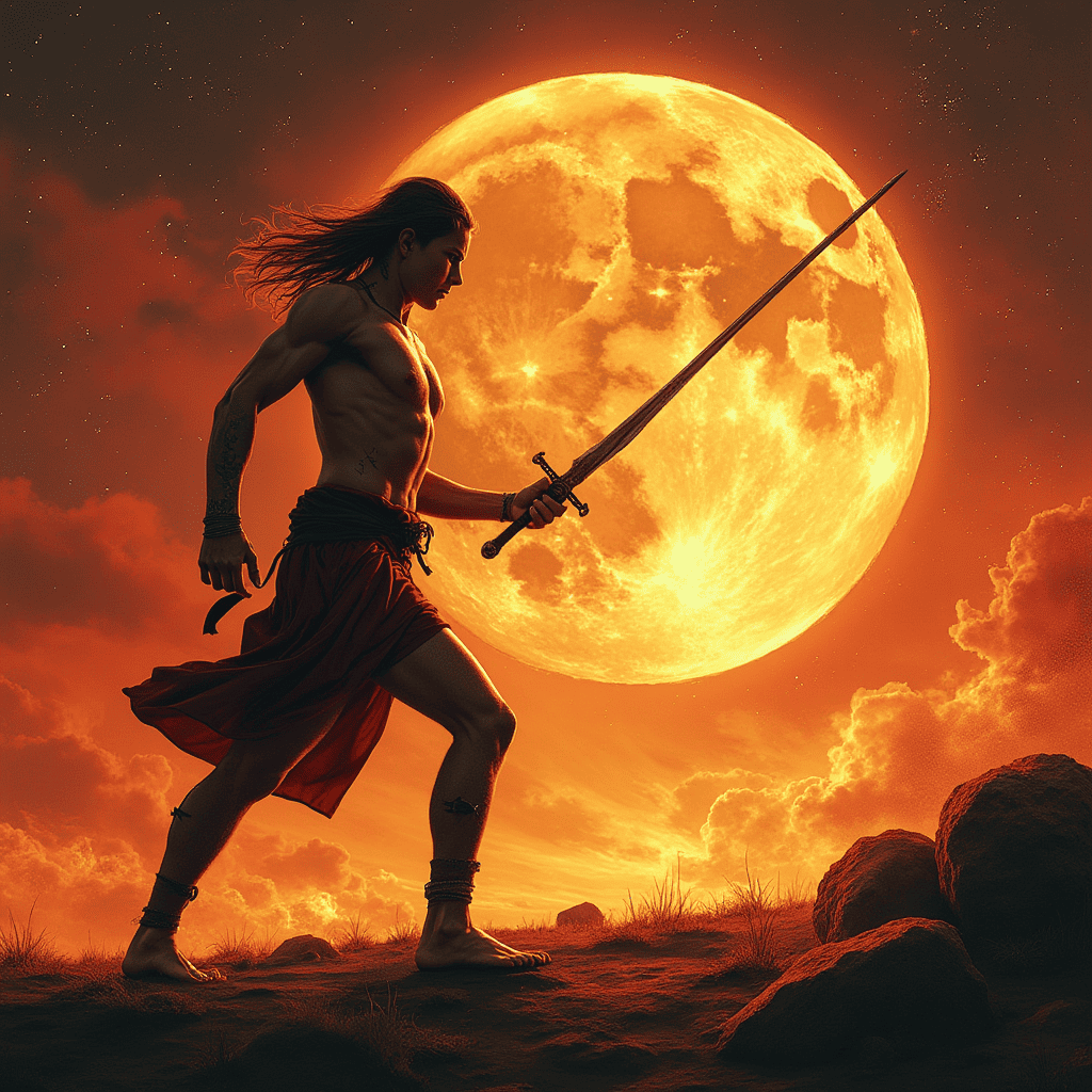 a man in a fighting pose with a sword in his hands against a fiery sky, symbolizing inner strength and determination