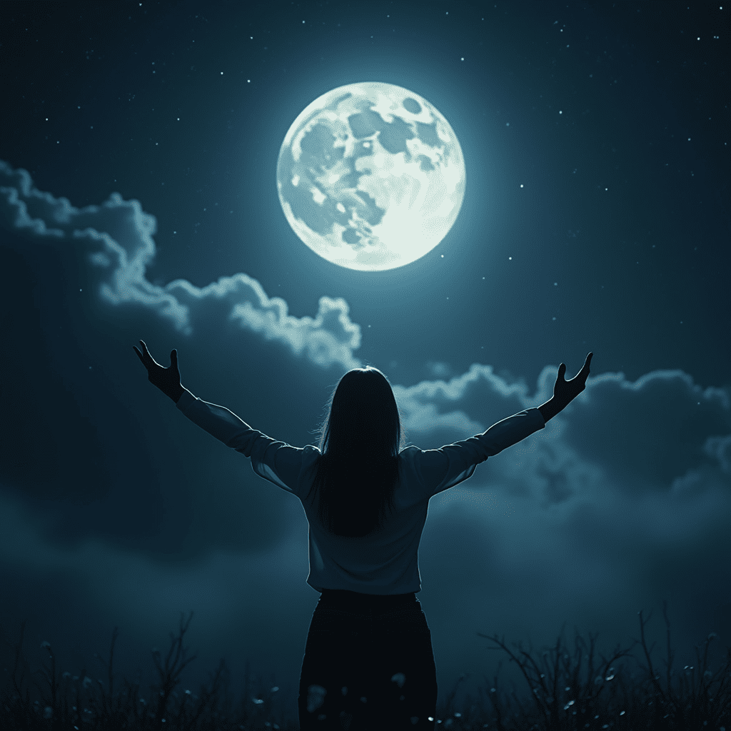 night moon, silhouette of a woman with open hands, striving for self-knowledge and inner harmony