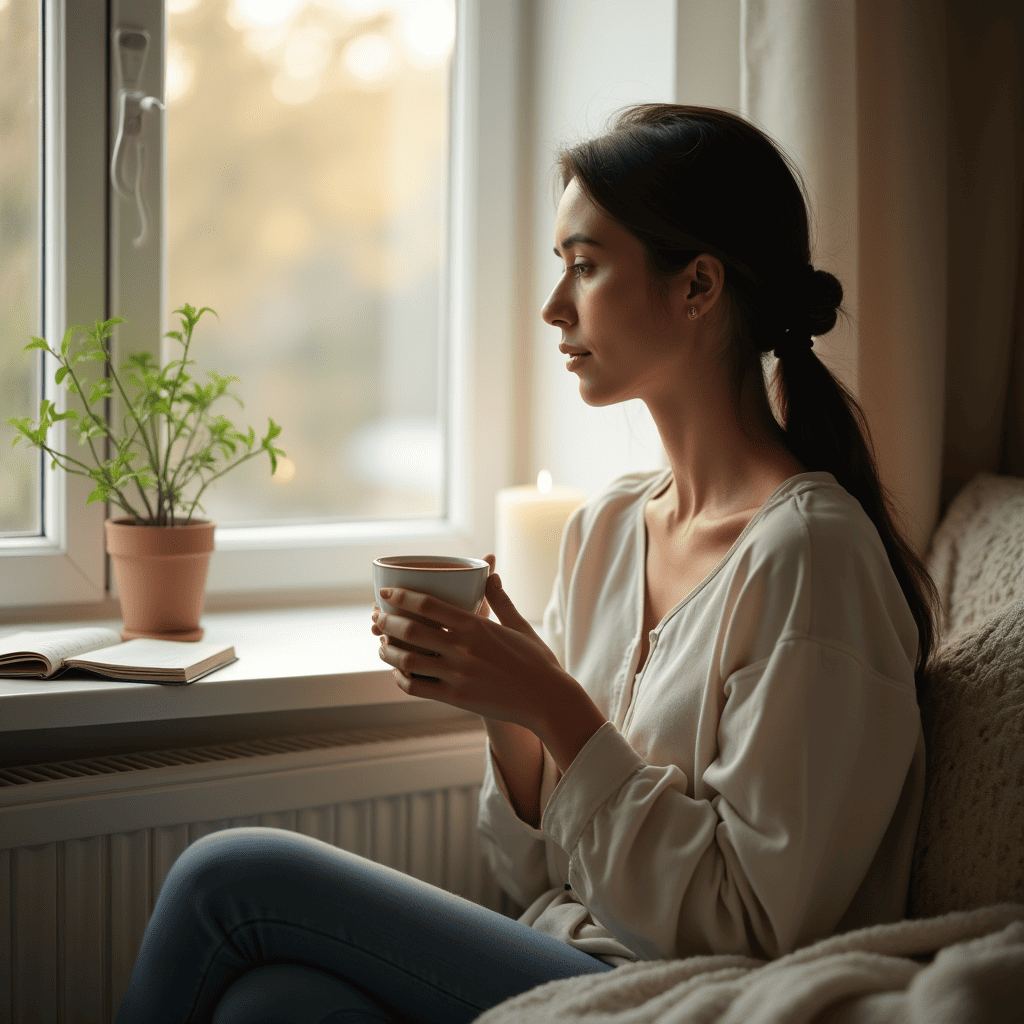 woman at the window with a cup of tea, calm and tired, cozy atmosphere, symbol of care and inner tension
