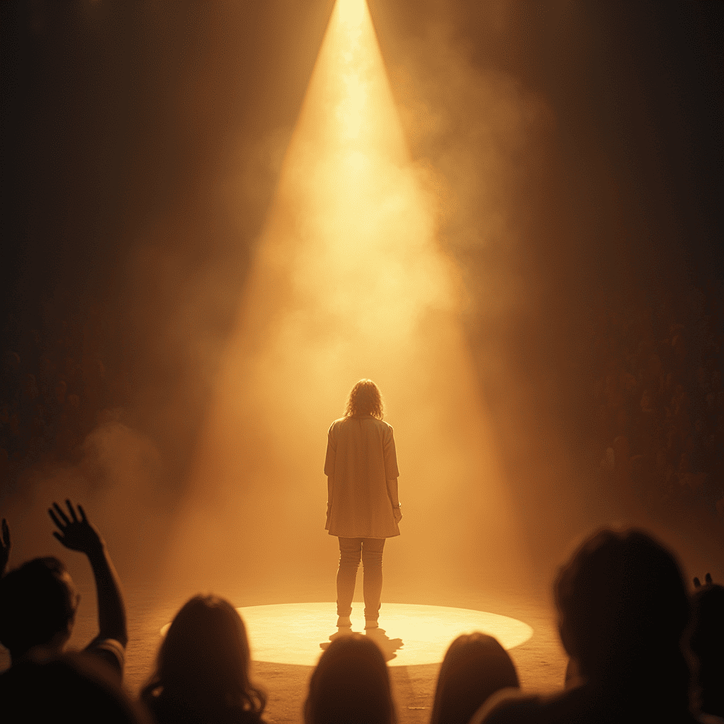 a woman on stage, surrounded by bright lights, but with an expression of loneliness, symbolizing the Moon in Leo