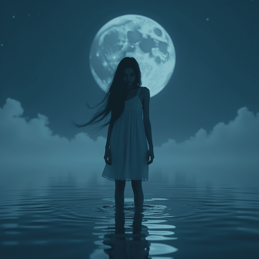 a girl with her eyes closed stands in the water under the moon, surrounded by soft light and mist, reflecting her dreamy and sensitive state