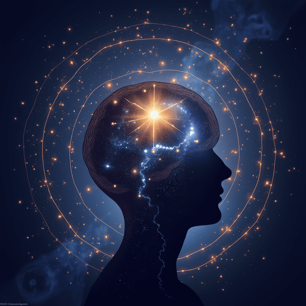 abstract head silhouette with emphasis on the brain in the form of luminous dots symbolizing thinking and intelligence