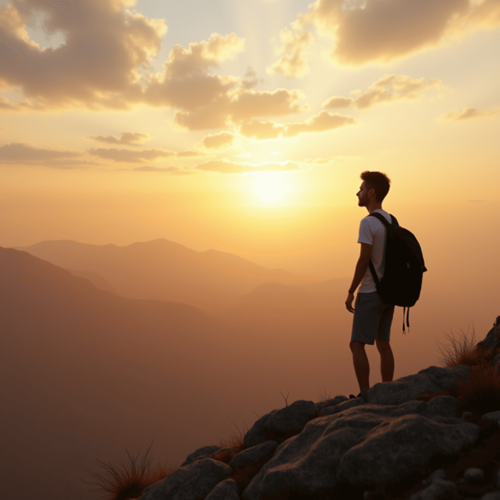 a man with a backpack standing on a mountain top and looking into the horizon against the backdrop of sunset is a symbol of freedom, the journey, and the search for meaning for the Moon in Sagittarius