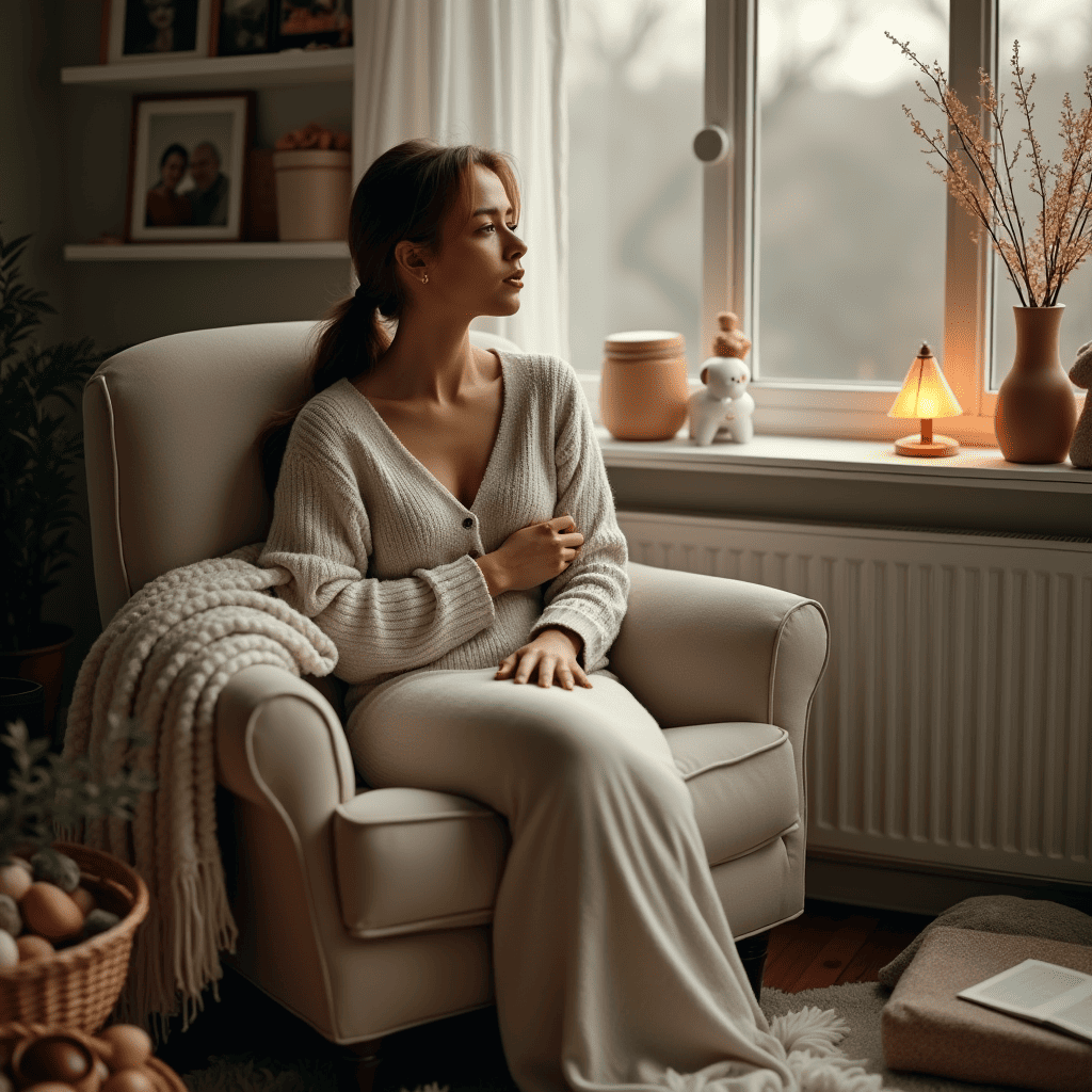 a woman in a cozy armchair in a warm home interior with family photos and soft lighting, creating an atmosphere of safety and care