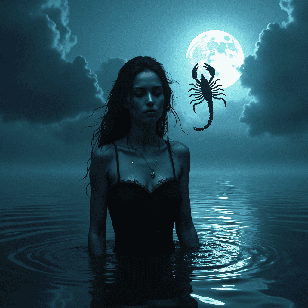 a waist-high female figure in water under the moon, with a scorpion reflection and a deep, mystical atmosphere