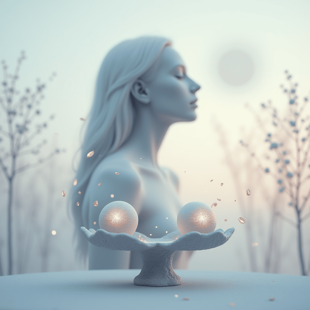 scales in the foreground, silhouette of a woman in the background, delicate flowers on the sides — symbol of harmony and inner balance