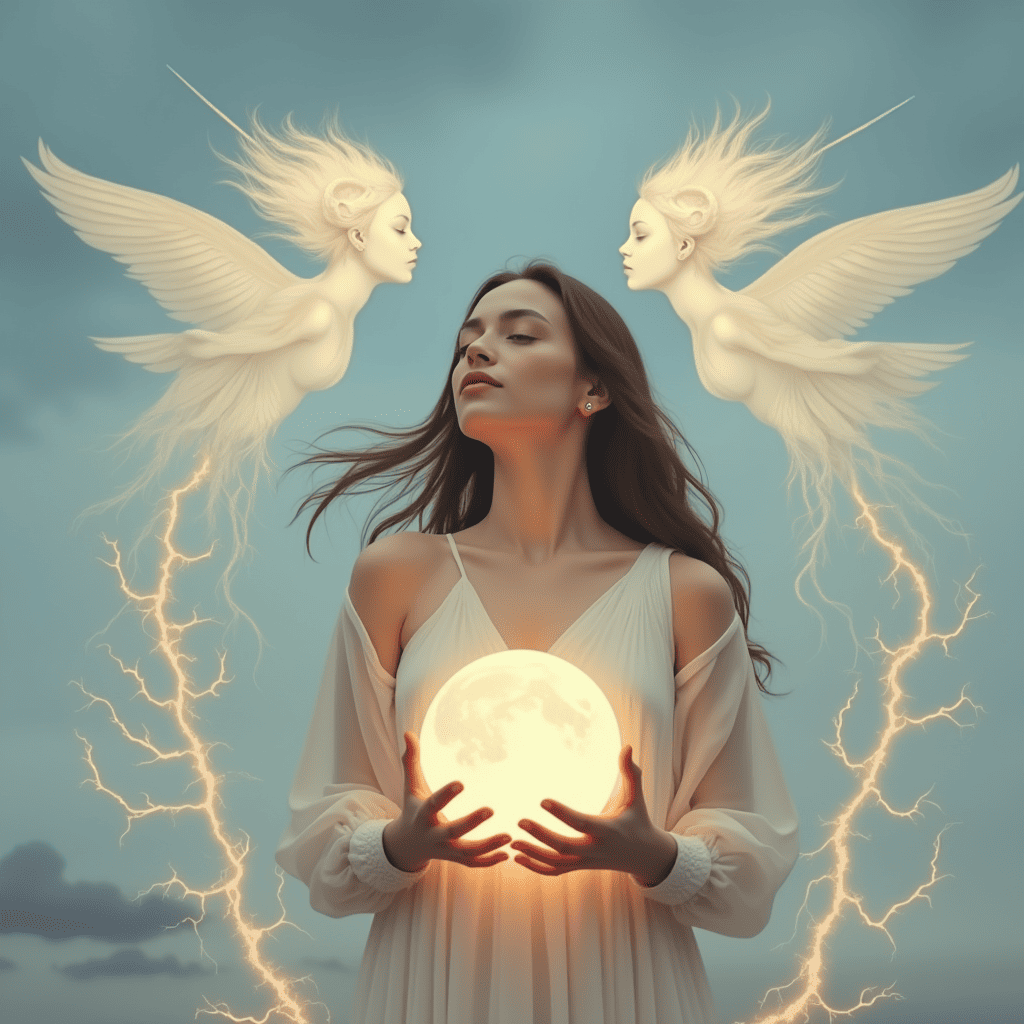 a woman with her eyes closed, immersed in her feelings, surrounded by moonlight and ethereal silhouettes reflecting the thoughts and emotions of Gemini
